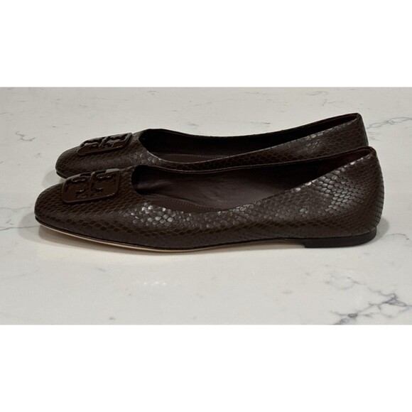 Tory Burch Ballet Flats 10.5 Georgia Square Toe Snakeskin Embossed Leather Brown - Picture 5 of 13